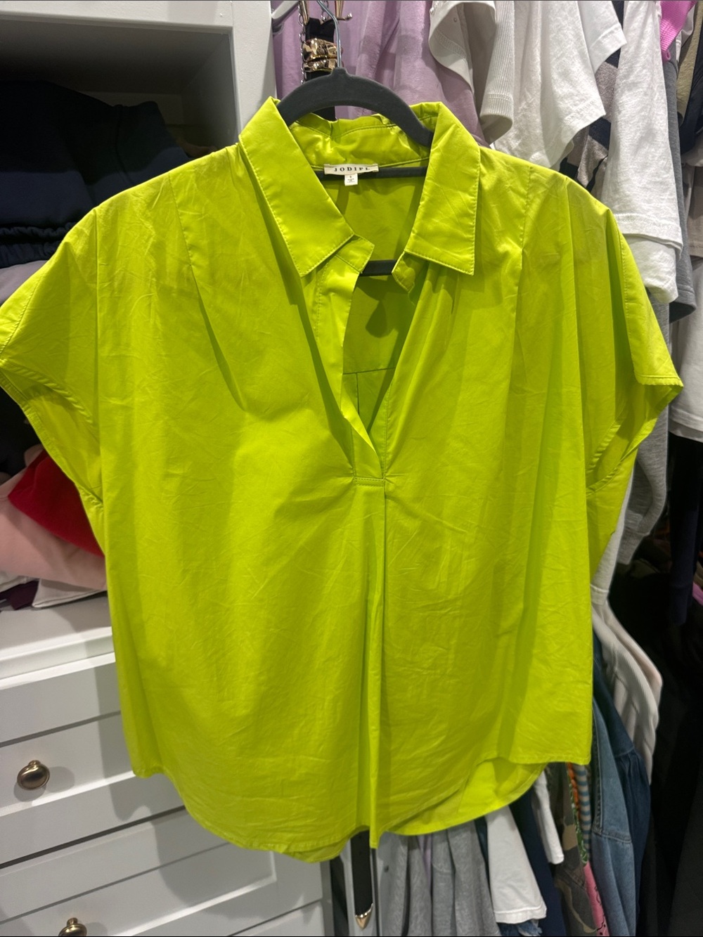 JODIFL Neon Lime Notched V-Neck Short Sleeve Blouse